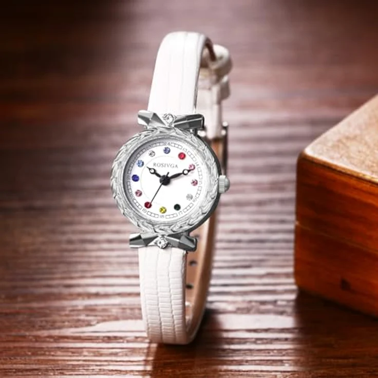 JewelryWe Damenuhr Kleine Leder Uhren, Exquisite Analog Quarz Armbanduhr in Weiß mit farbigen Diamantskala und ultradünnem Design – Bild 5