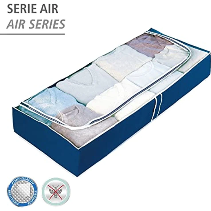 WENKO Unterbettkommode Air, 4er Set, Aufbewahrungstaschen mit Sichtfenster & 3-Seiten-Reißverschluss, schützt Textilien vor Motten, Staub & Schmutz, atmungsaktives Vlies-Material, 105x45x15 cm, Navy – Bild 2