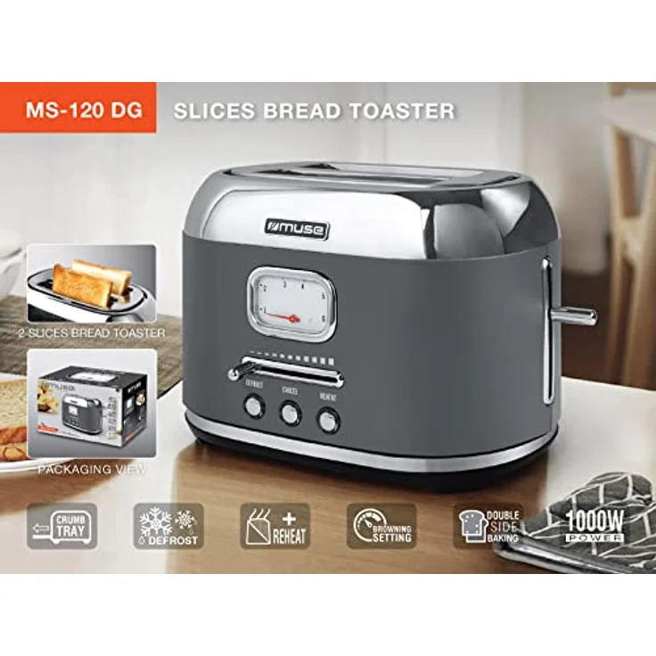 Muse Edelstahl-toaster im grauen retro Design, analoge Anzeige, beleuchtete Tasten, 6 Bräungsstufen, 2 Scheiben, MS-120 DG, Vintage Look, mit Krümelschublade – Bild 2