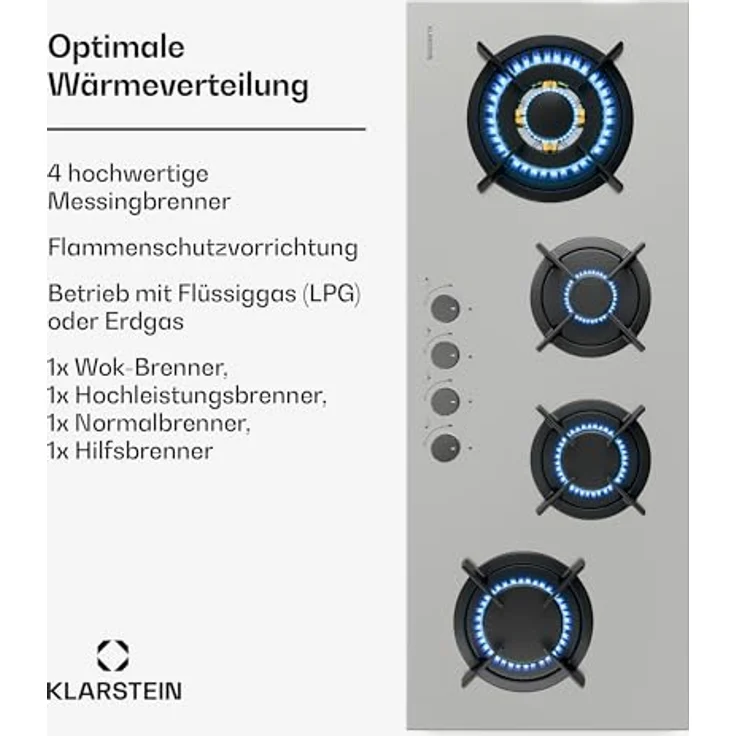 Klarstein Goldflame 4 Slim Gaskochfeld, 4 Messingbrenner, SnapJet-Zündung, Flammenausfallschutz, Edelstahl (Inkl. Schlauch & Druckminderer) – Bild 3