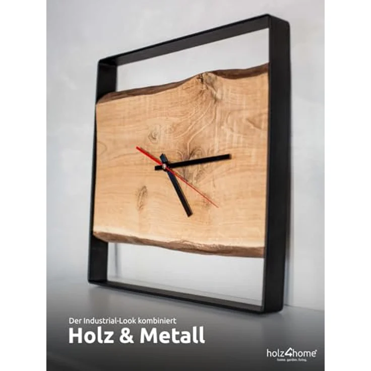 holz4home® Wanduhr Eichenholz mit Stahlrahmen, eckige Designuhr analog, 37x37 cm, leises Quarzwerk, perfekt für Wohnzimmer und Büro im modernen Loft Stil – Bild 4