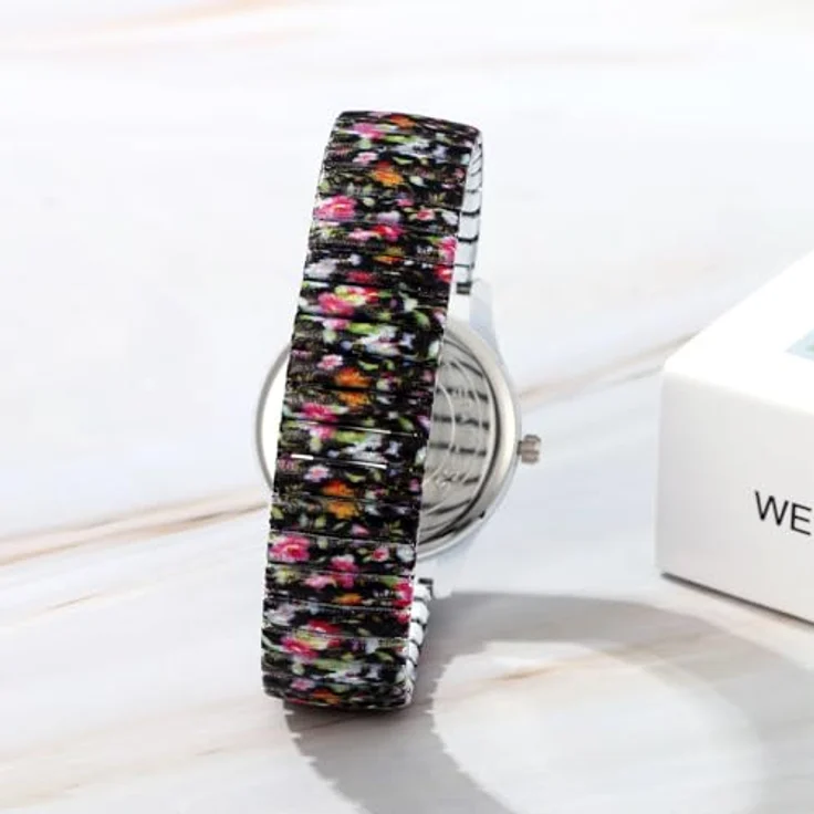 JewelryWe Damenuhr Boho Elastische Uhr, Analog Quarz mit Rotem Floral Druck und Großen Zahlen, Edelstahl Stretch-Armband – Bild 3