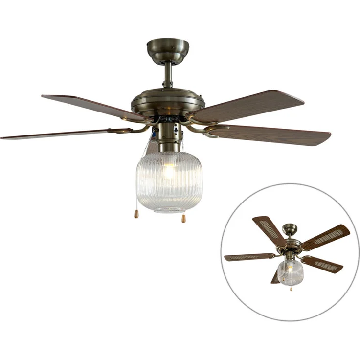 QAZQA Deckenventilator Mistral Karel, Messing mit Holz, 107,5 cm, mit Zugschalter