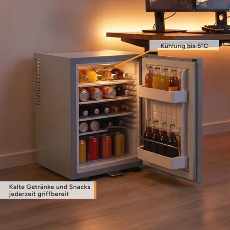 TZS FIRST AUSTRIA FA-5172-GR, Kühlschrank 40L, lautlos, mit LED-Beleuchtung, 56.5 cm hoch, 40 cm breit, wechselbarer Türanschlag, Schloss, grau – Bild 6