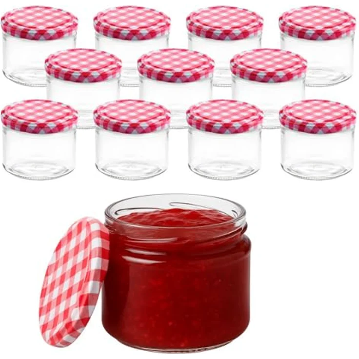 Devitre 12er Set Marmeladengläser 330 ml, wiederverwendbare Einmachgläser mit rot-karierter Schraubdeckel und Etiketten – Bild 1