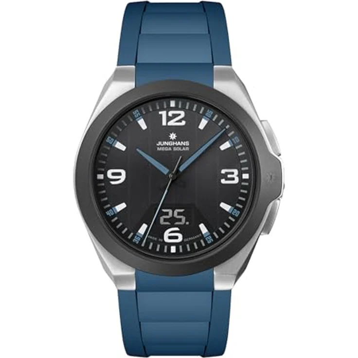 JUNGHANS Spektrum Mega Solar Funk-Solar Herrenuhr, blau, Edelstahl schwarz, kratzfest, leuchtende Anzeige – Bild 2