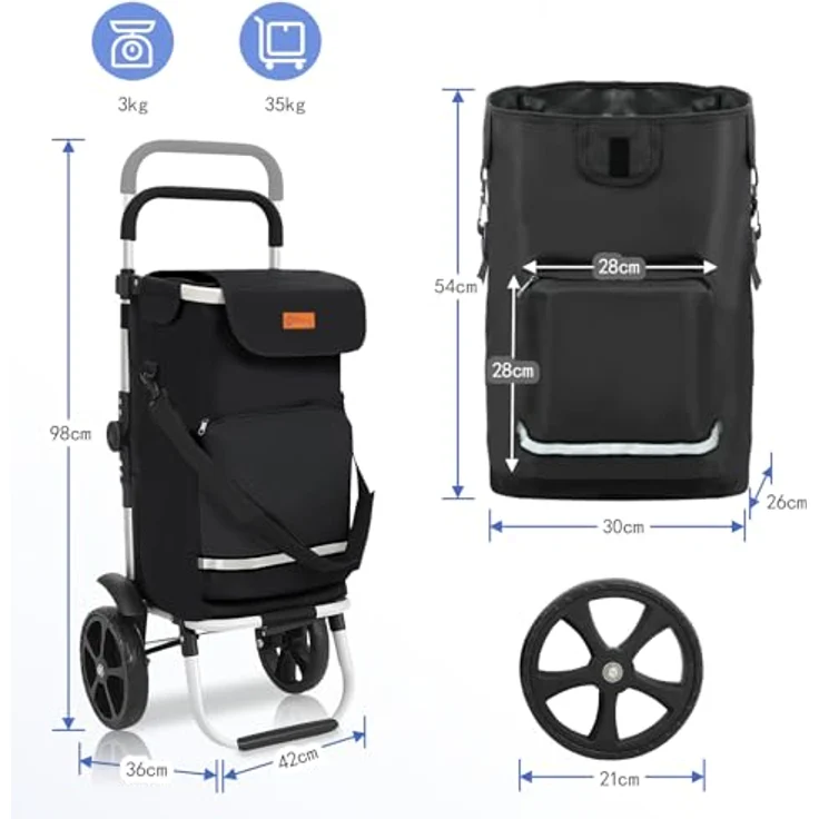 Sekey Faltbarer Einkaufstrolley 60L, 3-in-1 Einkaufswagen mit Kühlfach und höhenverstellbarem Griff, Aluminium, Schwarz – Bild 3
