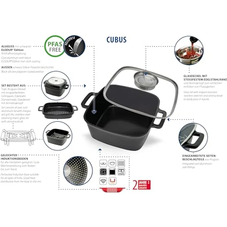 ELO Basic – Multifunktionstopf-Set Cubus, Aluminiumguss, hochwertige Antihaftversiegelung, kratzfest, backofenfest, für alle Herdarten, silber – Bild 2