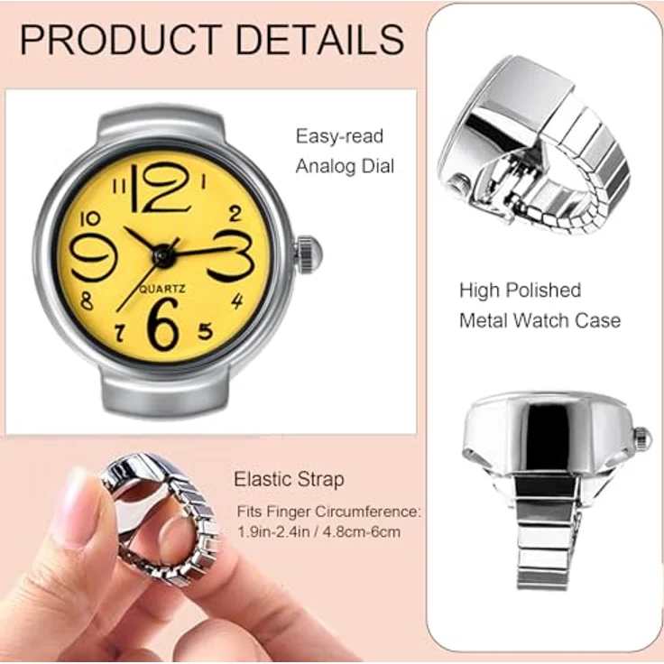 JewelryWe Ringuhr Fingeruhr Analog Quarz für Herren und Damen, elastisches Legierungsband, rund, gelb – Bild 3