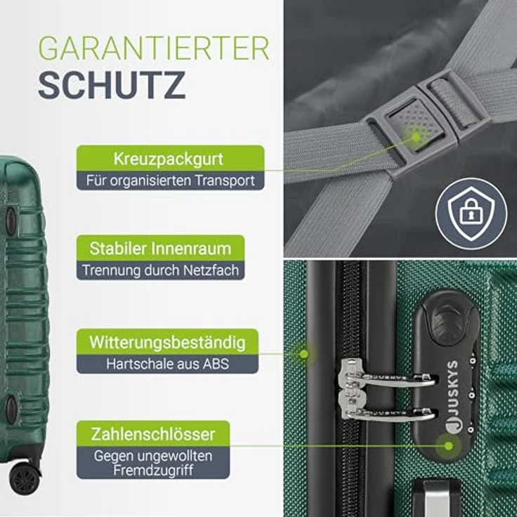 Juskys Hartschale Kofferset Reisekoffer 3-teilig, Zahlenschloss, geräuscharme 360° Rollen, Teleskopgriff, leicht, dunkelgrün – Bild 5