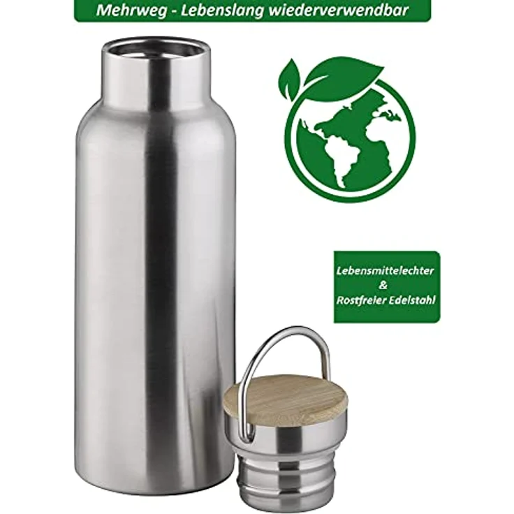 APS Hochwertige langlebige Edelstahl Isolierflasche/ Trinkflasche mit 500 ml inkl. Tragebügel und Ersatzdichtung/ auslaufsichere doppelwandige Getränkeflasche für Kinder, Freizeit & Erwachsene, Silber – Bild 3