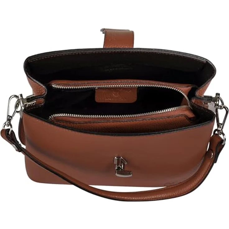 Cluty Umhängetasche aus 100 % Rindleder, italienisches Design, braun, Höhe 21 cm x Breite 25 cm x Tiefe 13 cm, mit abnehmbarem Schultergurt und Reißverschlussfach – Bild 7