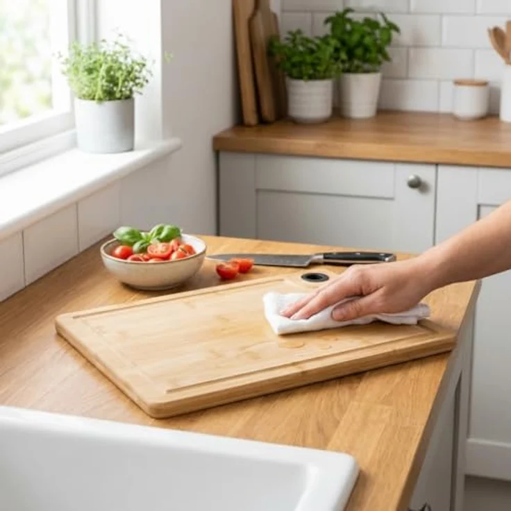 Chef Aid Bambus-Schneidebrett 35×25×1,5 cm, robust mit Saftrille & Anti-Rutsch-Füßen, geeignet für Schneiden und Servieren – Bild 5