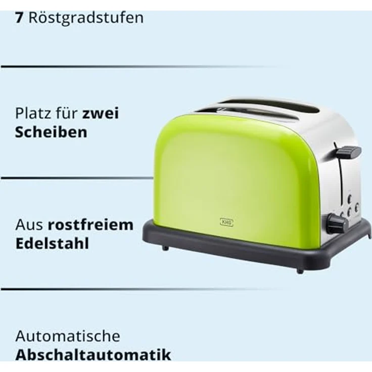 KHG Edelstahl Toaster TO-1005, 2 Scheiben mit Brötchenaufsatz, 6 Bräunungsstufen, 1000W, Limettengrün, Retro American Diner Style – Bild 4