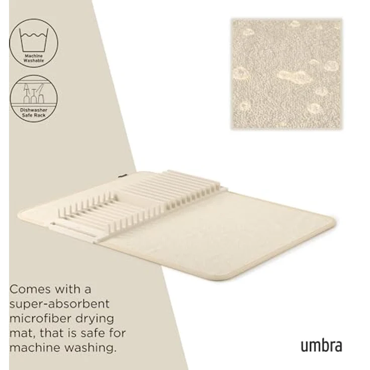 Umbra Udry Geschirr Abtropfgestell und Mikrofaser Abtropfmatte – Faltbar, Platzsparend und Leicht Verstaubar, 60 x 45 cm, Hellbeige – Bild 5