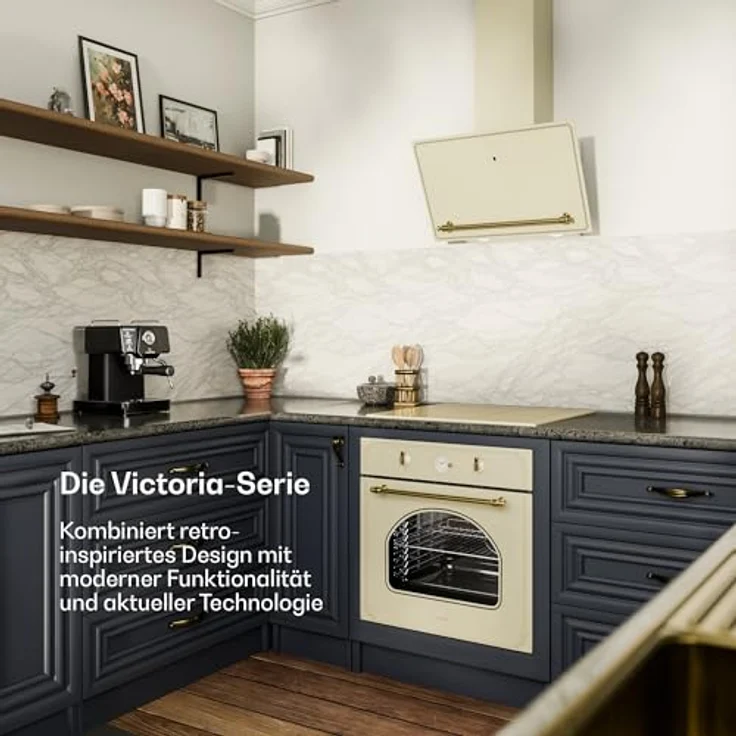 Klarstein Victoria Dunstabzugshaube, 60 cm, Energieeffizienz A++, 400 m³/h, Touch-Bedienfeld, LED-Beleuchtung, Creme & Gold – Bild 2