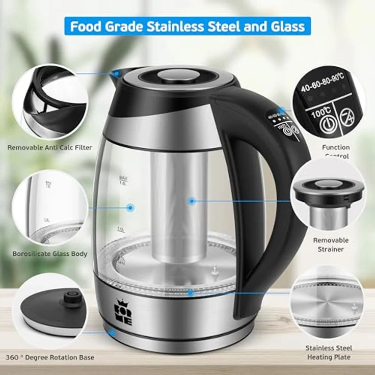 FOR ME Glas Elektrischer Wasserkocher mit Teesieb 1,8L, Temperaturwahl 40-100°C, LED-Beleuchtung in 5 Farben, Warmhaltefunktion, BPA-frei – Bild 4