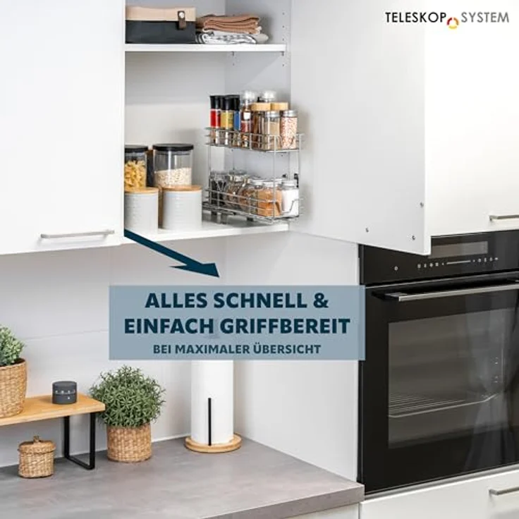 bremermann 2-stöckiges Teleskop-Gewürzregal, Schrankeinsatz für Regale Schränke und Speisekammer - Chrom, robustes Metall, belastbar bis 5 kg – Bild 2