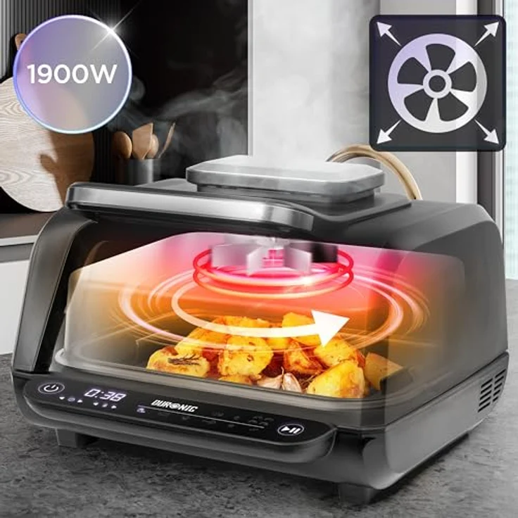 Duronic FG19 Air Fryer Grill | Heißluftfritteuse für Süßkartoffel-Pommes | Mini Backofen mit 3 Backleche | 2 Personen HLF Friteuse | Fritteuse zum Brot backen, schwarz – Bild 3