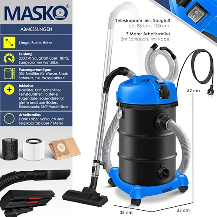 MASKO 6IN1 Industriestaubsauger Staubsauger Nass Trocken Sauger Aschesauger 2300W + Steckdose   Blasfunktion   Trocken-Saugen & Nass-Saugen   Industrie-Sauger mit & ohne Beutel   beutellos Blau – Bild 9