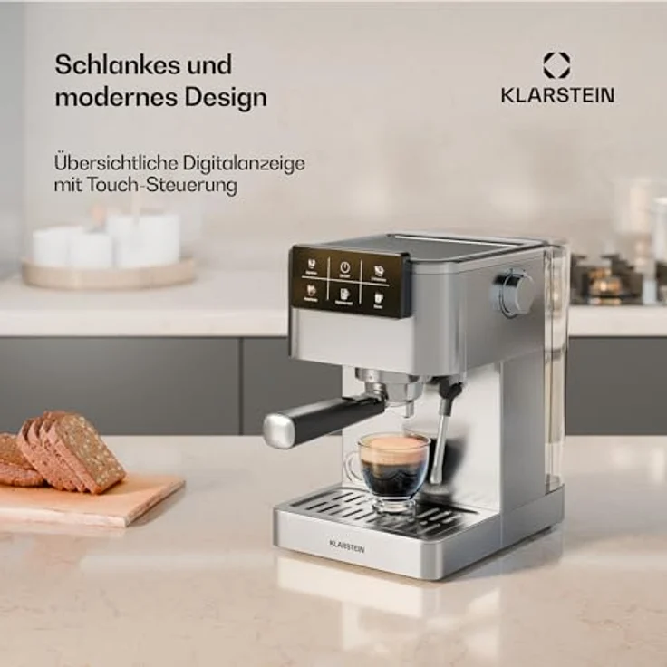 Klarstein SteelPresso Touch Siebträgermaschine – 20-Bar, 1350 W, Edelstahl, 1,5-L-Wassertank, Touch-Display, Integrierter Milchaufschäumer, Kompaktes Design, Kaffeemaschine – Bild 6