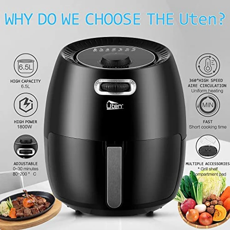 Uten Heißluftfritteuse, 6.5L Airfryer XXL Heissluftfriteuse ohne Fett Friteuse Mit Ständer, No stick Korb, Einstellbare Temperatur und Timer,Vorheizen, PDF-Rezepte,1800W, Black – Bild 2
