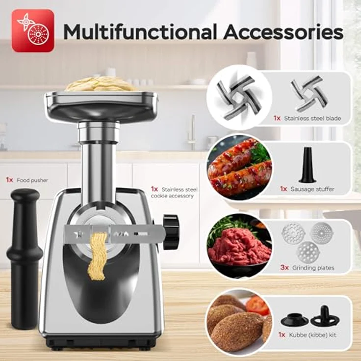 TurboTronic Elektrischer Fleischwolf Samurai - 2000W, rostfreie Edelstahl Klingen, Metallgetriebe, Wurstfüller mit Spritzgebäckvorsatz, Kebbeh Aufsatz, Hackfleisch Mett, Silber – Bild 4
