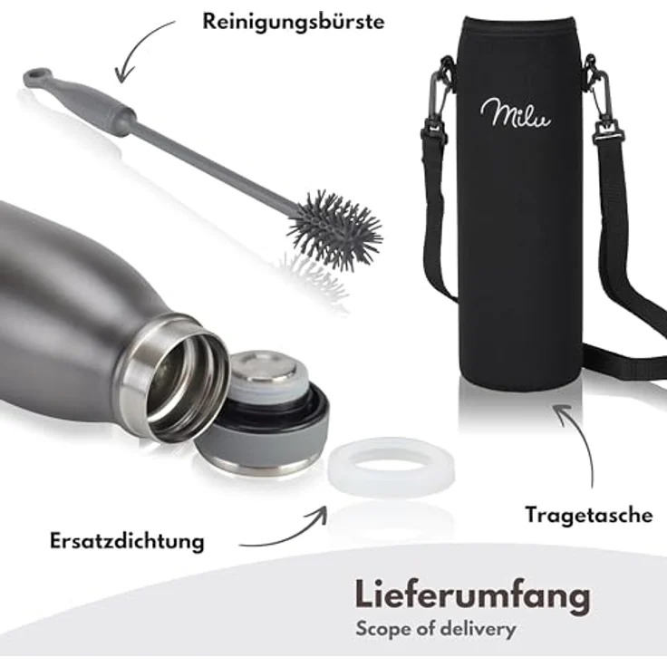 Milu Edelstahl Trinkflasche 500ml, doppelt isolierte Thermosflasche, auslaufsicher und kohlensäuregeeignet, Grau, inkl. Reinigungsbürste – Bild 5