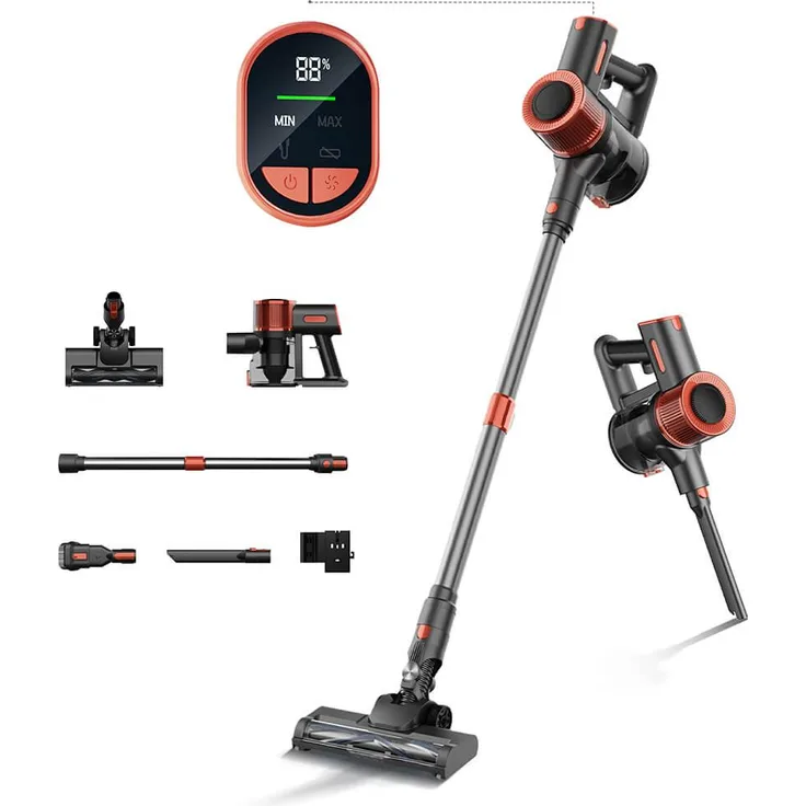 JIGOO C200 Kabelloser Staubsauger, 23 kPa Saugkraft, 40 Min Laufzeit, LED-Anzeige, Anti-Tangle-Bürste, Teleskoprohr, 2 Modi