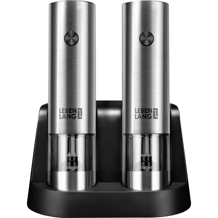 Lebenlang LBL9599, Pfeffermühle + Salzmühle, Keramikmahlwerk, LED-Leuchte, Silber-Schwarz