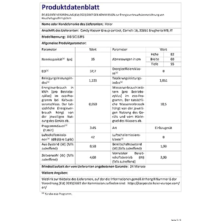 Haier XIB 5C1S3FS, Geschirrspüler, B, Geräuschemissionsklasse B, Geräuschemissionen 42 Dezibel – Bild 6