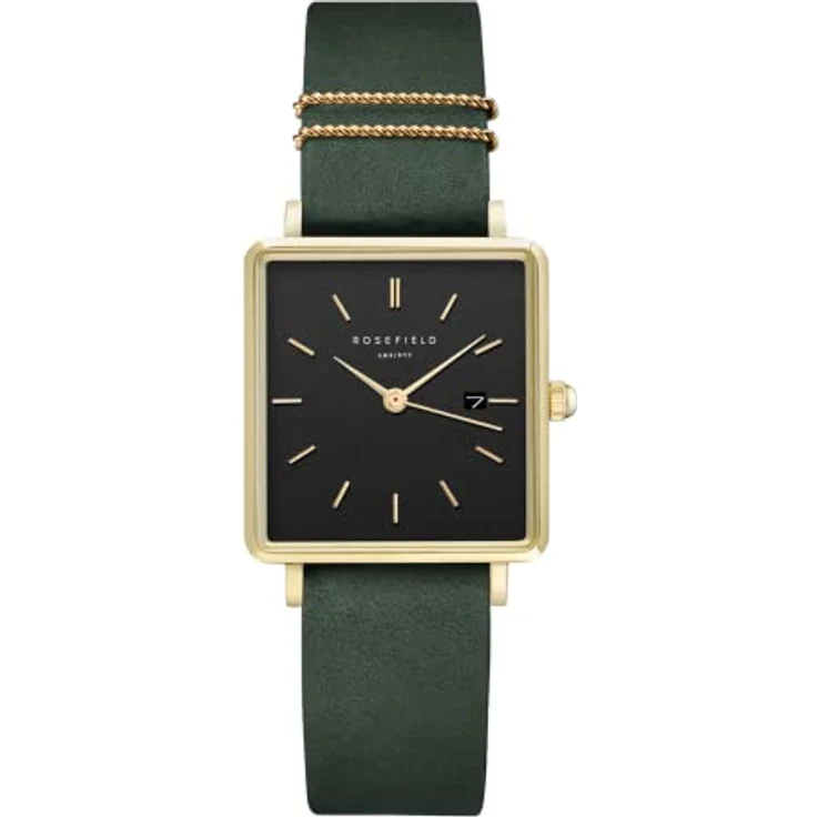 Rosefield Boxy Damenuhr, quadratisches Gehäuse mit waldgrünem Lederarmband, 24mm, wasserdicht bis 3 ATM – Bild 1