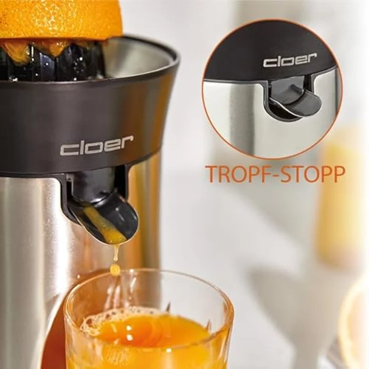 Cloer 6815 Zitruspresse und Orangenpresse, 2-in-1 Saftpresse, elektrisch, mit Tropf-Stopp, automatische Abschaltung, rutschfest, spülmaschinenfest, 100 W, Edelstahl – Bild 3