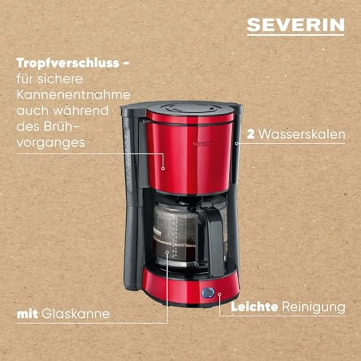 SEVERIN KA 4817 Type Kaffeemaschine (Für gemahlenen Filterkaffee, 10 Tassen, Inkl. Glaskanne) rot lackierter edelstahl – Bild 4