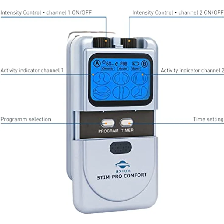 axion TENS Gerät STIM-PRO Comfort zur Schmerztherapie - 4 STK 5x5 cm Elektroden Pads | Reizstromgerät für Schmerztherapie z.B. bei Arthrose, Arthritis, Nacken, Rücken, Gelenke | Zert. Med. Produkt – Bild 3