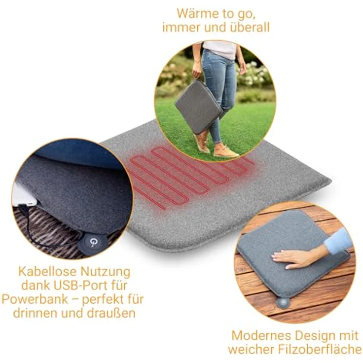 Medisana OL 600 Sitzkissen mit Wärmefunktion, Wärmekissen für den Einsatz im Freien bei kühlem Wetter, Heizkissen mit 3 Temperaturstufen mit weicher Filz-Oberfläche – Bild 4
