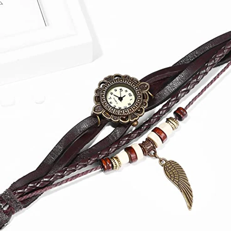 JewelryWe Retro Analog Quarz Armbanduhr für Damen, Braun mit geflochtenem Lederarmband und Engel Flügel Anhänger – Bild 4