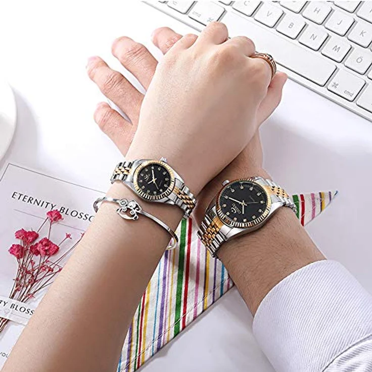 JewelryWe 1 Paar analoge Quarzuhren mit Kalender, 30 m wasserdicht, Edelstahlarmband, Strass-Zifferblatt, Schwarz, für Damen und Herren – Bild 2