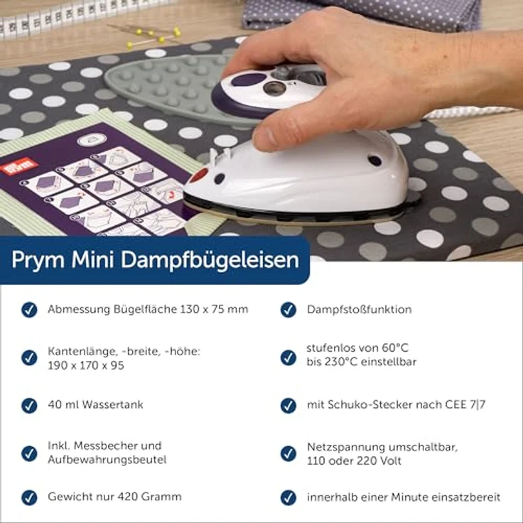 Semplix Bügelset 4-teilig mit Prym Mini-Dampfbügeleisen, inkl. Bügelunterlage, Silikonablage & Reisetasche, für Nähen, Quilten & Patchwork, grau – Bild 2