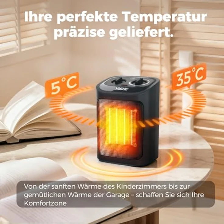 YASHE PTC-919 Elektroheizkörper 1500W, Keramik Heizlüfter mit Thermostat und 2 Heizstufen, Schwarz – Bild 4