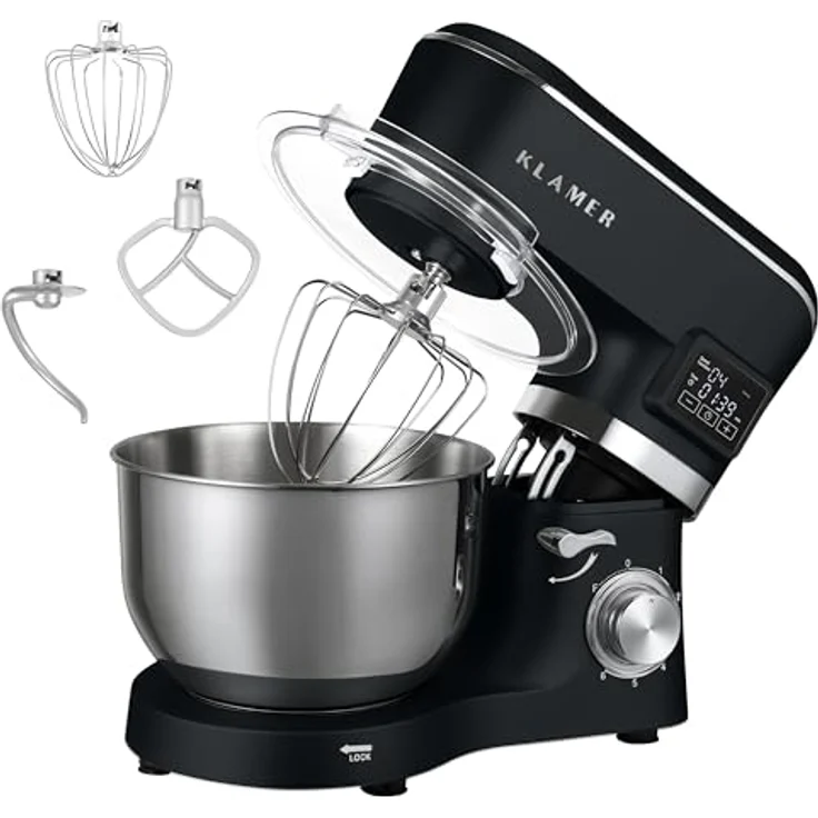 KLAMER Küchenmaschine Classic 1400 W, 5,5 L Edelstahlschüssel, Knet-, Rühr- & Schneebesenaufsatz, Timer & LED-Display, stabile Saugnapffüße, ideal für Brot-, Kuchen- & Pizzateig – Bild 1