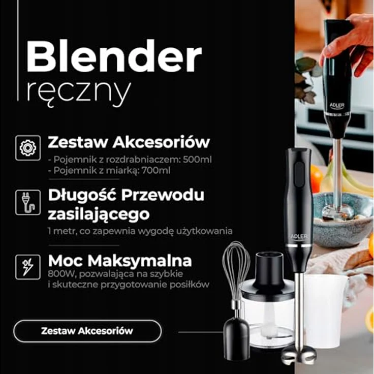 Adler Stabmixer AD 4620, 800 W, Handmixer Set mit 2 Geschwindigkeitsstufen, Edelstahlklingen, Messbecher, schwarz – Bild 4