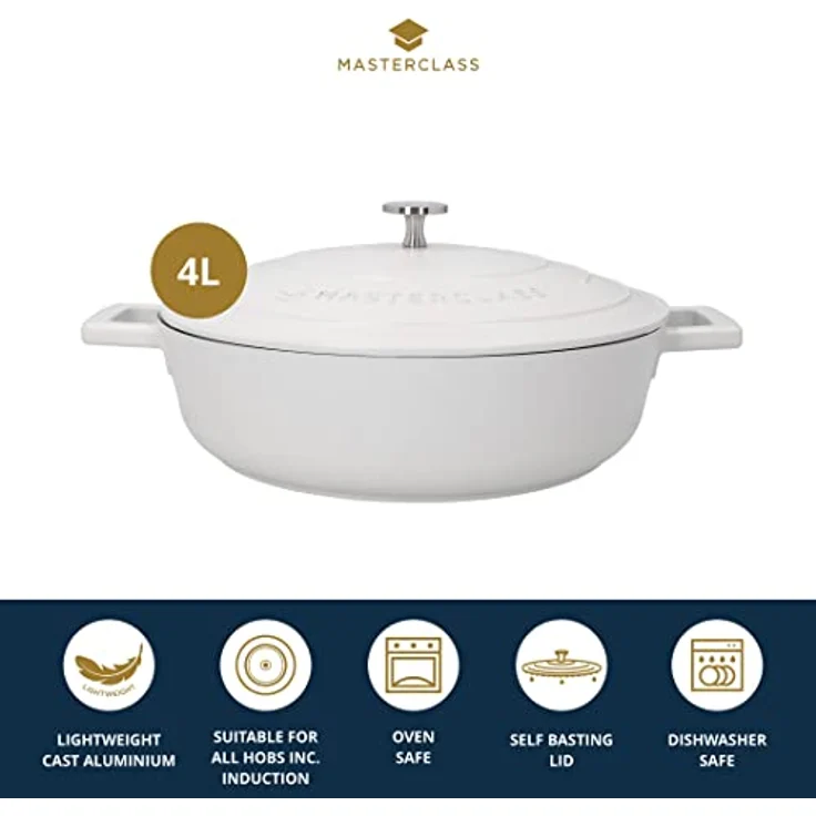 MasterClass Flache Auflaufform mit Deckel 4L/28 cm, leichter Aluminiumguss, induktions- und backofenfest, creme – Bild 2