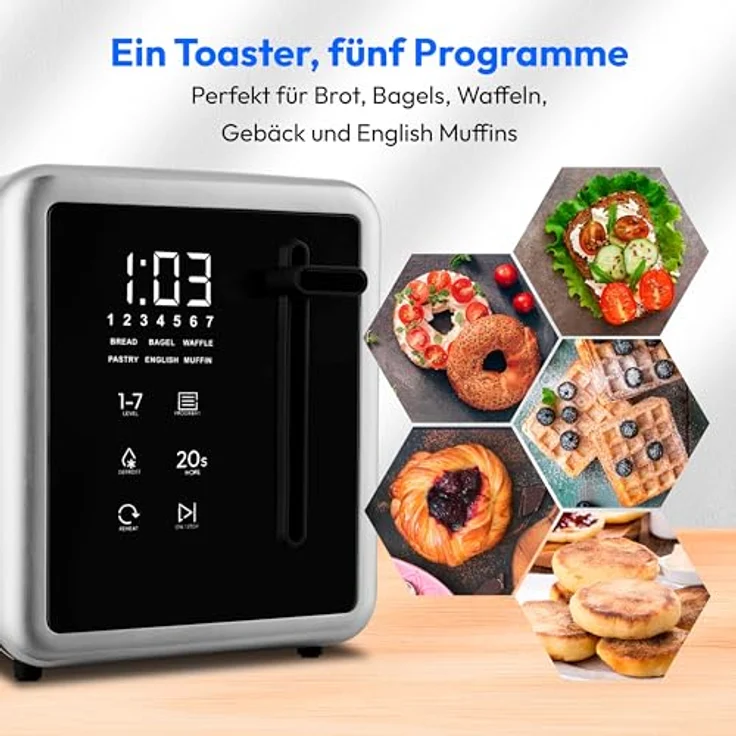 MEDION Toaster MD 12103, 4-Scheiben Toaster mit Brötchenaufsatz, 7 Bräunungsstufen, 5 Automatikprogramme, 1.450 Watt, Edelstahl Matt, Silber – Bild 4