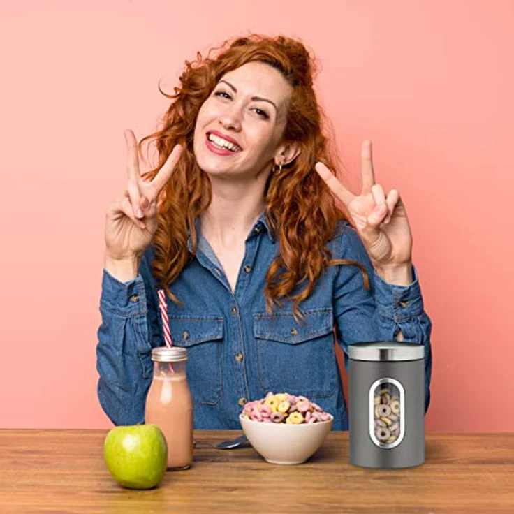 Relaxdays Vorratsdose, mit Deckel & Sichtfenster, 1,4 L, für Kaffee, Mehl, Pasta, Aufbewahrungsdose Küche, Metall, grau, 17 x 11 x 11 cm – Bild 2