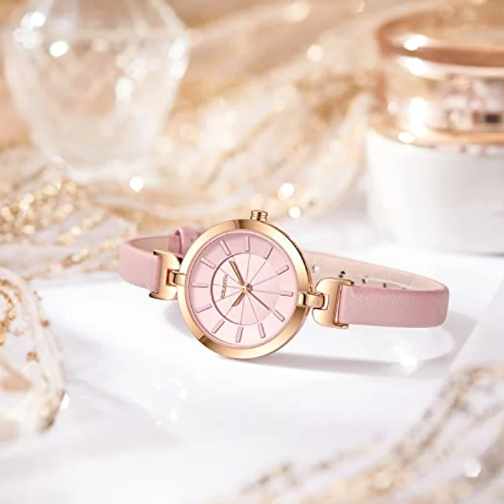 JewelryWe Damenuhr Elegant Analog Quarz, schmale Echtleder Armbanduhr, 30m wasserdicht, rosa, mit dreidimensionalem Zifferblatt für Frauen und Mädchen – Bild 4