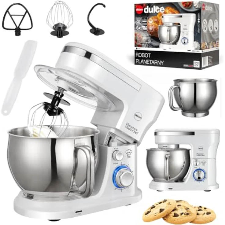 Eldom WRK1300 Küchenmaschine 1300W, planetarische Rührmaschine mit 5L Edelstahlschüssel, 6 Geschwindigkeiten + Pulse, Metallgetriebe, weiß