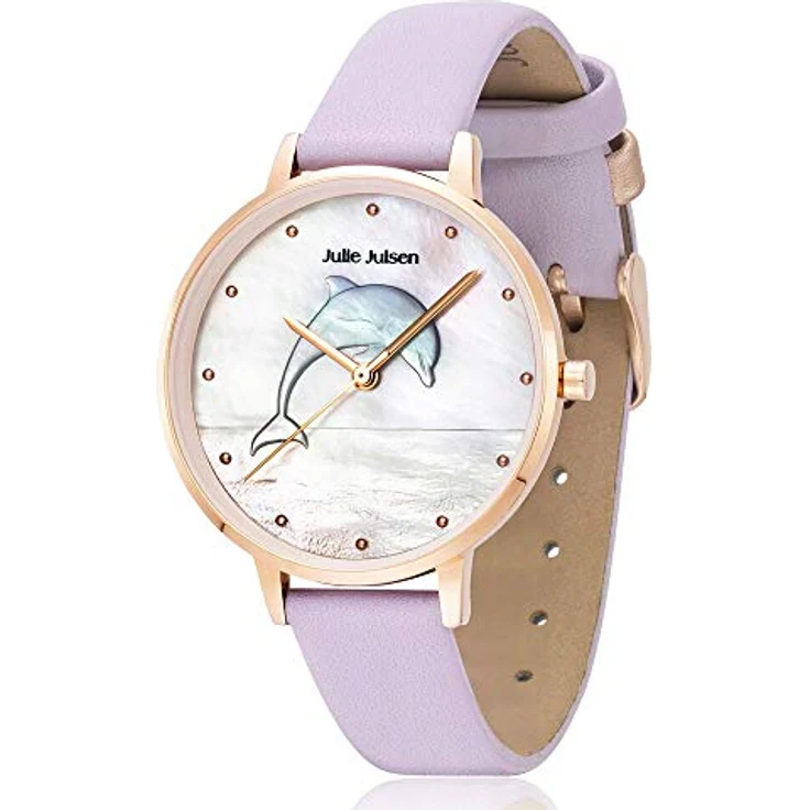 Julie Julsen Damen Quarz Armbanduhr Delfin in lila - Perlmutt Ziffernblatt, Lederband - JJW1008RGL-01 – Bild 1