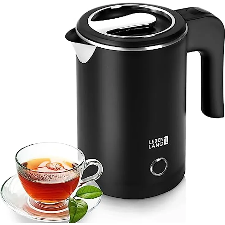 LEBENLANG Reise Wasserkocher Edelstahl Klein 0 5 Liter & BPA-Frei - Reisewasserkocher 600W Energiesparend Energieeffizienz - Mini Camping Kettle Schwarz 0.5 0,5 l