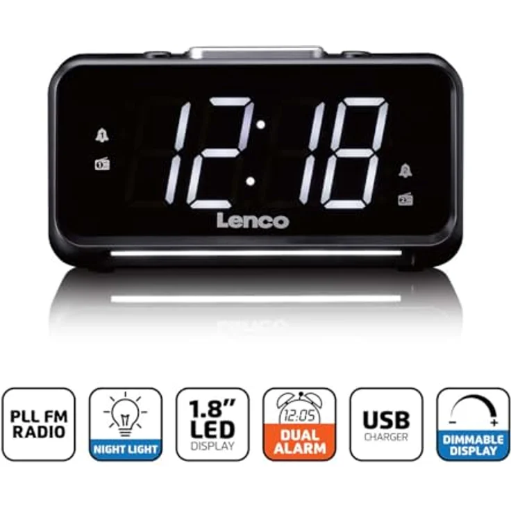 Lenco CR-28BK, FM-Radiowecker mit 1,2-Zoll-LED-Display, Schlummerfunktion, Nachtlicht und USB-Anschluss, schwarz – Bild 9